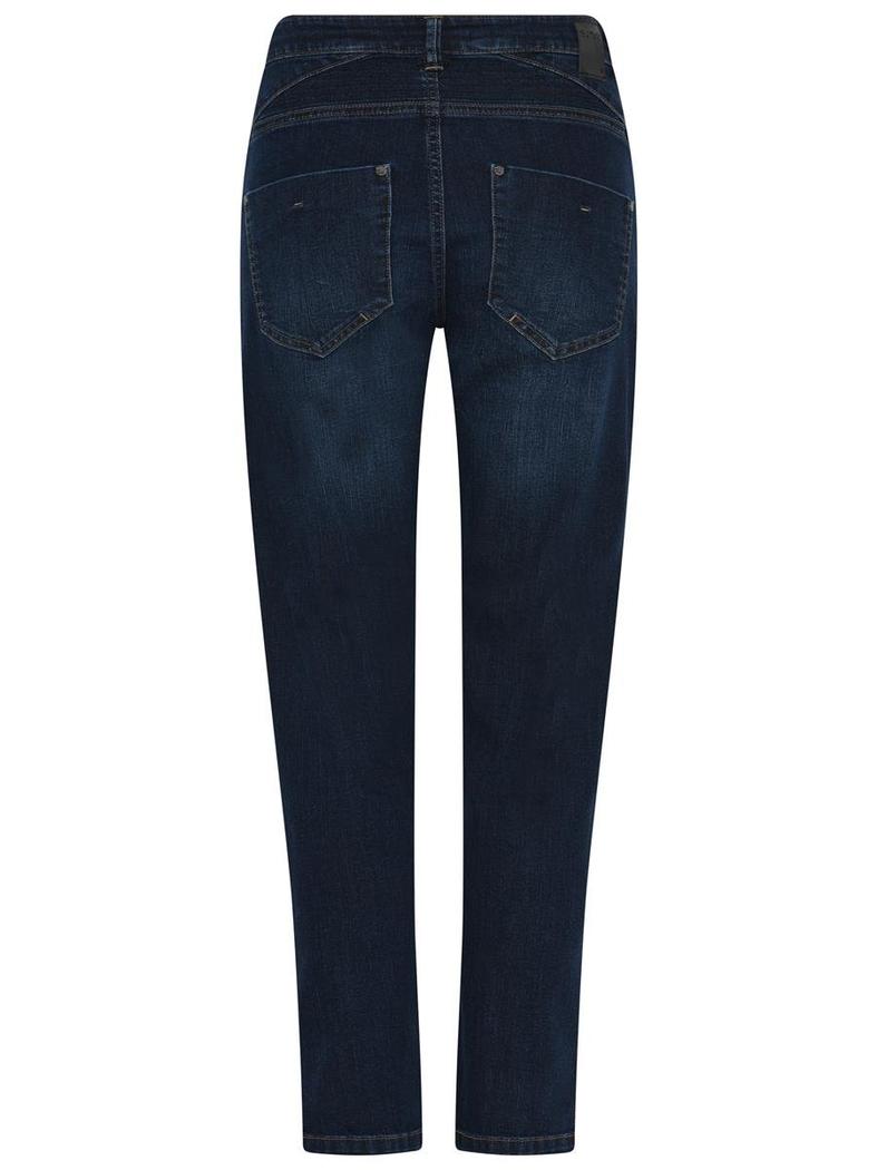 Baksiden av denim-bukse med to baklommer og detaljert søm.