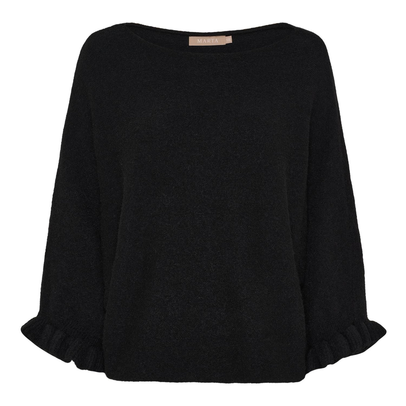 Svart strikkegenser med løs passform, vide ermer med rynker nederst, etikett "MARTA ONE SIZE".