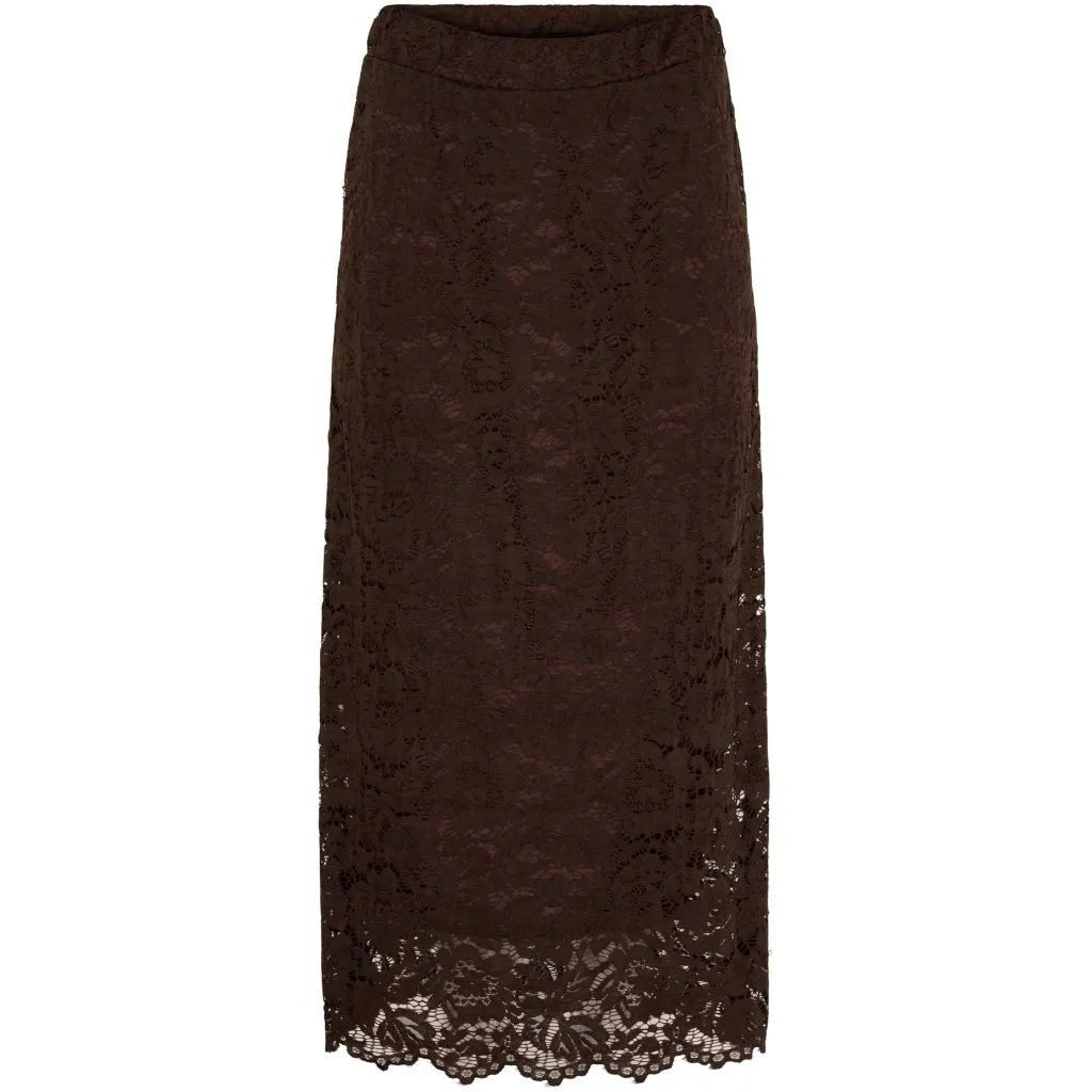 Langt, brunt skjørt med blondermønster, elastisk midje og ankellengde.