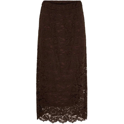 Langt, brunt skjørt med blondermønster, elastisk midje og ankellengde.