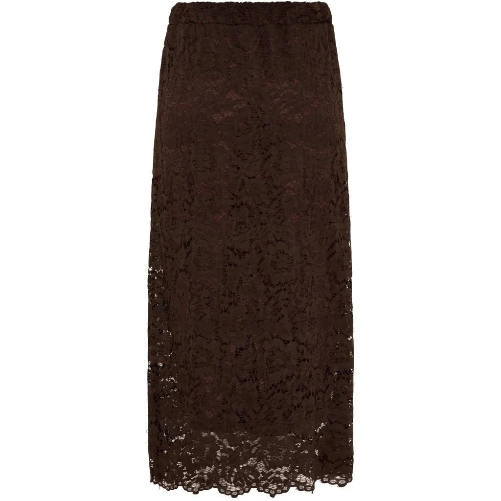 Langt brunt skjørt med blonder, elastisk midje og ankellengde.