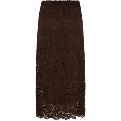 Langt brunt skjørt med blonder, elastisk midje og ankellengde.