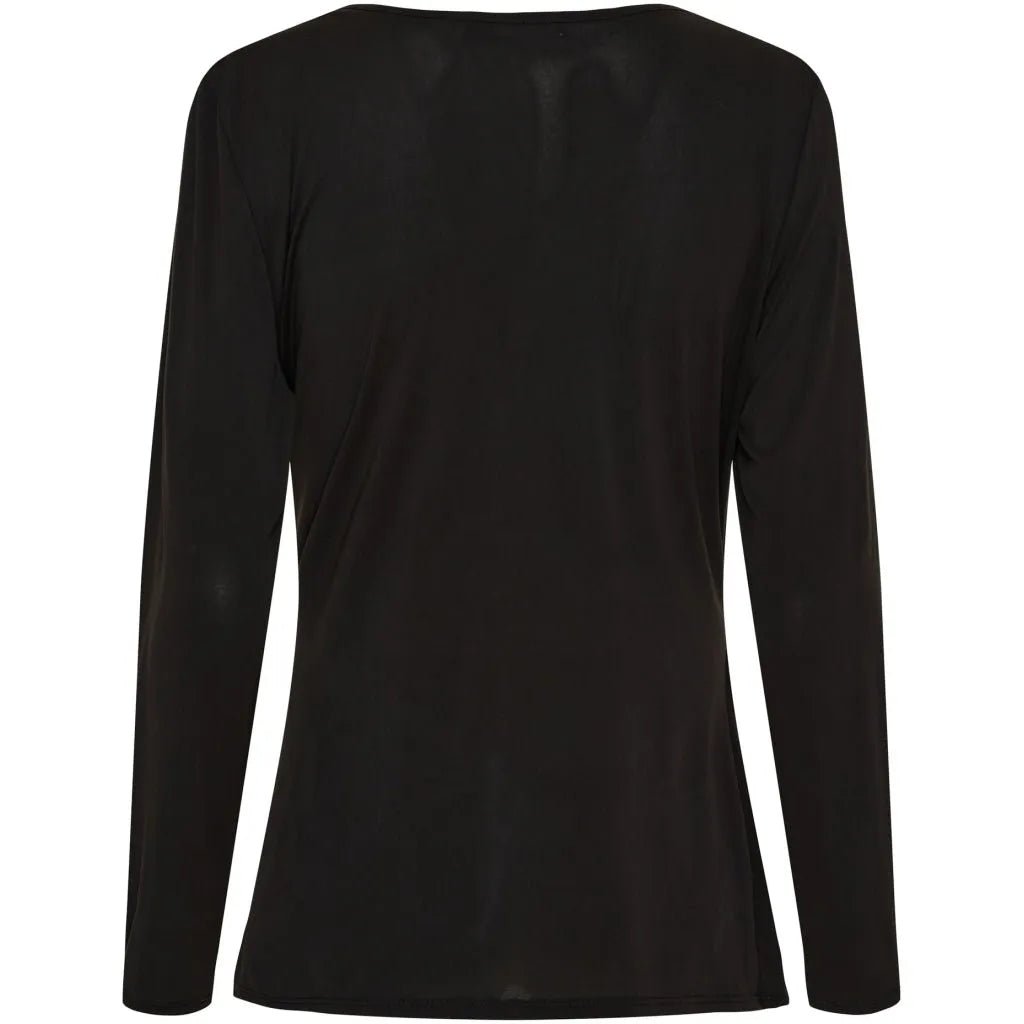 Svart bluse sett bakfra med lange ermer og enkel design uten synlige detaljer.