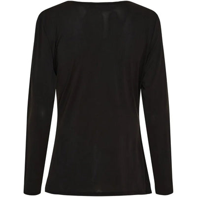 Svart bluse sett bakfra med lange ermer og enkel design uten synlige detaljer.