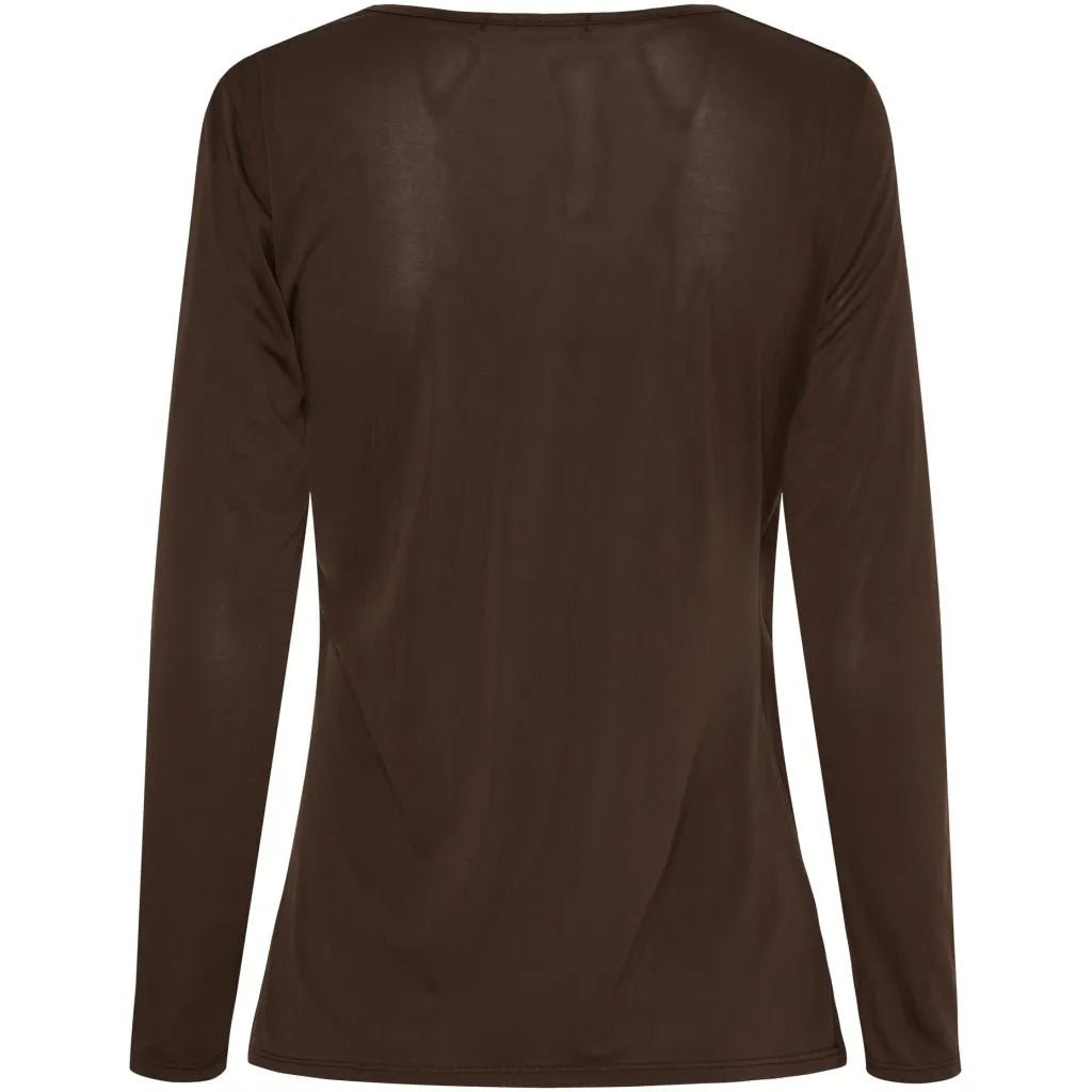 Baksiden av brun bluse med lange ermer, enkel og glatt design.