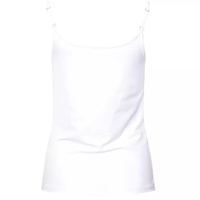 Hvit tank top med tynne stropper, minimalistisk design uten mønstre, sett forfra.