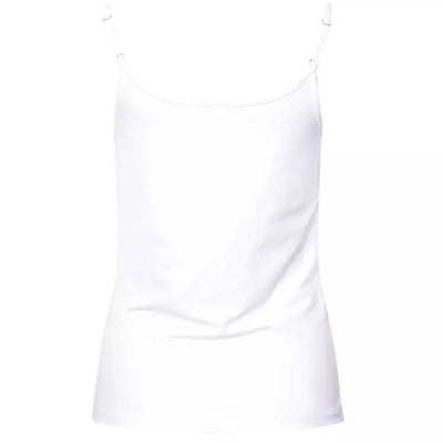 Hvit tank top med tynne stropper, minimalistisk design uten mønstre, sett forfra.