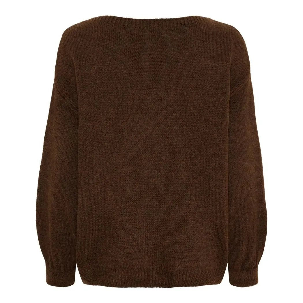 Brun genser med lange ermer, sett bakfra. Enkelt design uten synlig mønster.