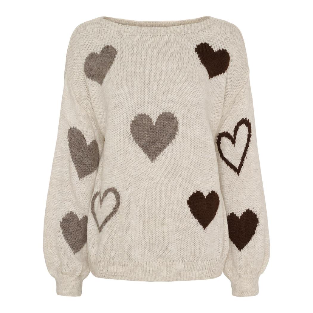 Genser med hjerteformede mønstre i brunt og grått, løs passform, lange ermer og rund hals.