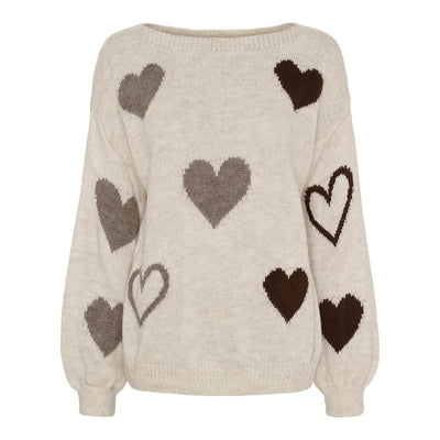 Genser med hjerteformede mønstre i brunt og grått, løs passform, lange ermer og rund hals.