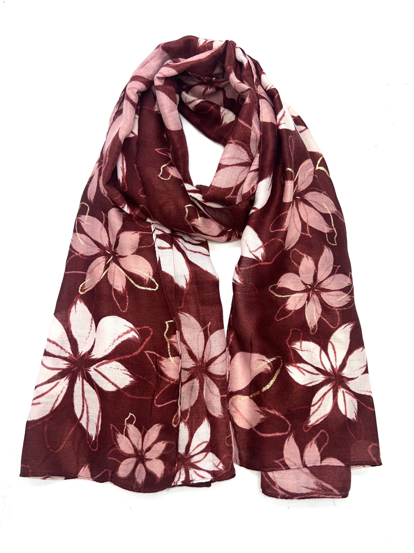Mørkerødt skjerf med rosa blomstertrykk, lett stoff. Skjerfet er drapert for å vise mønsteret.