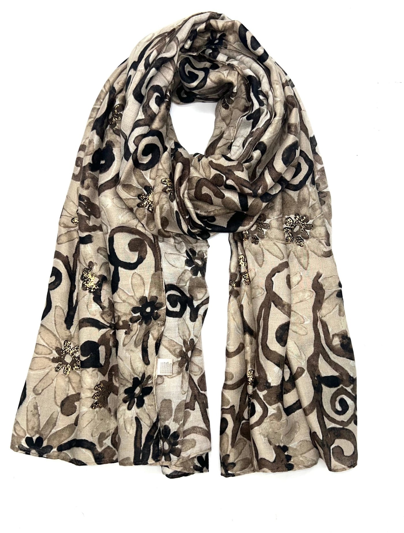 Skjerf med blomster- og abstrakt mønster i brune, beige og svarte farger, dekorert med paljetter.