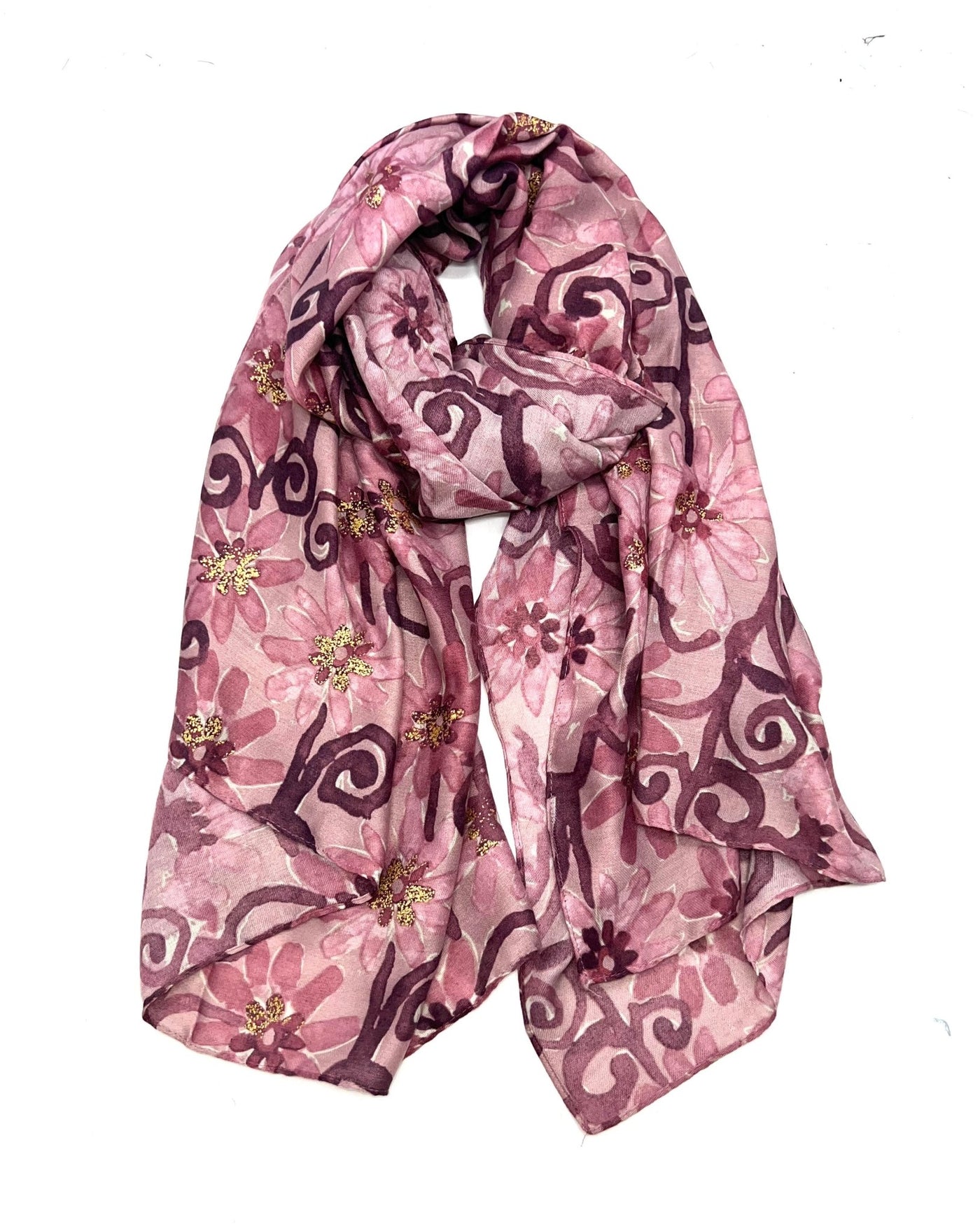 Skjerf med rosa og lilla blomstermønster, glitrende broderte blomsterdetaljer.