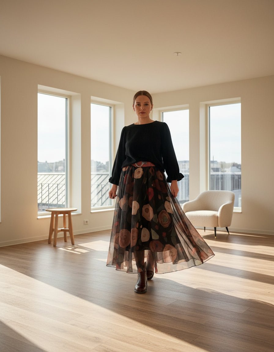 Tyll skjørt m strikk og print