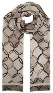 Rektangulært skjerf i beige og brune toner med overlappende sirkelmønster, brettet for visning.