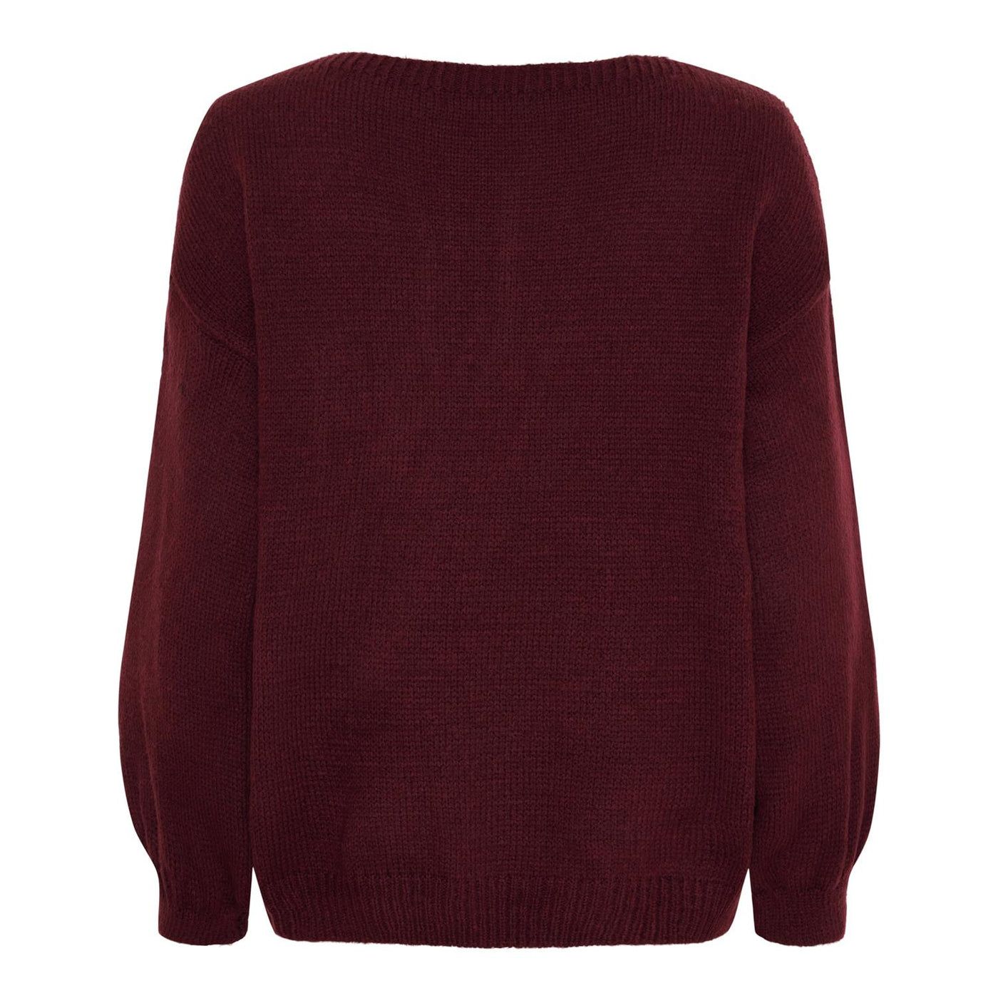 Baksiden av en ensfarget strikkegenser uten mønster, i en dyp rød farge.