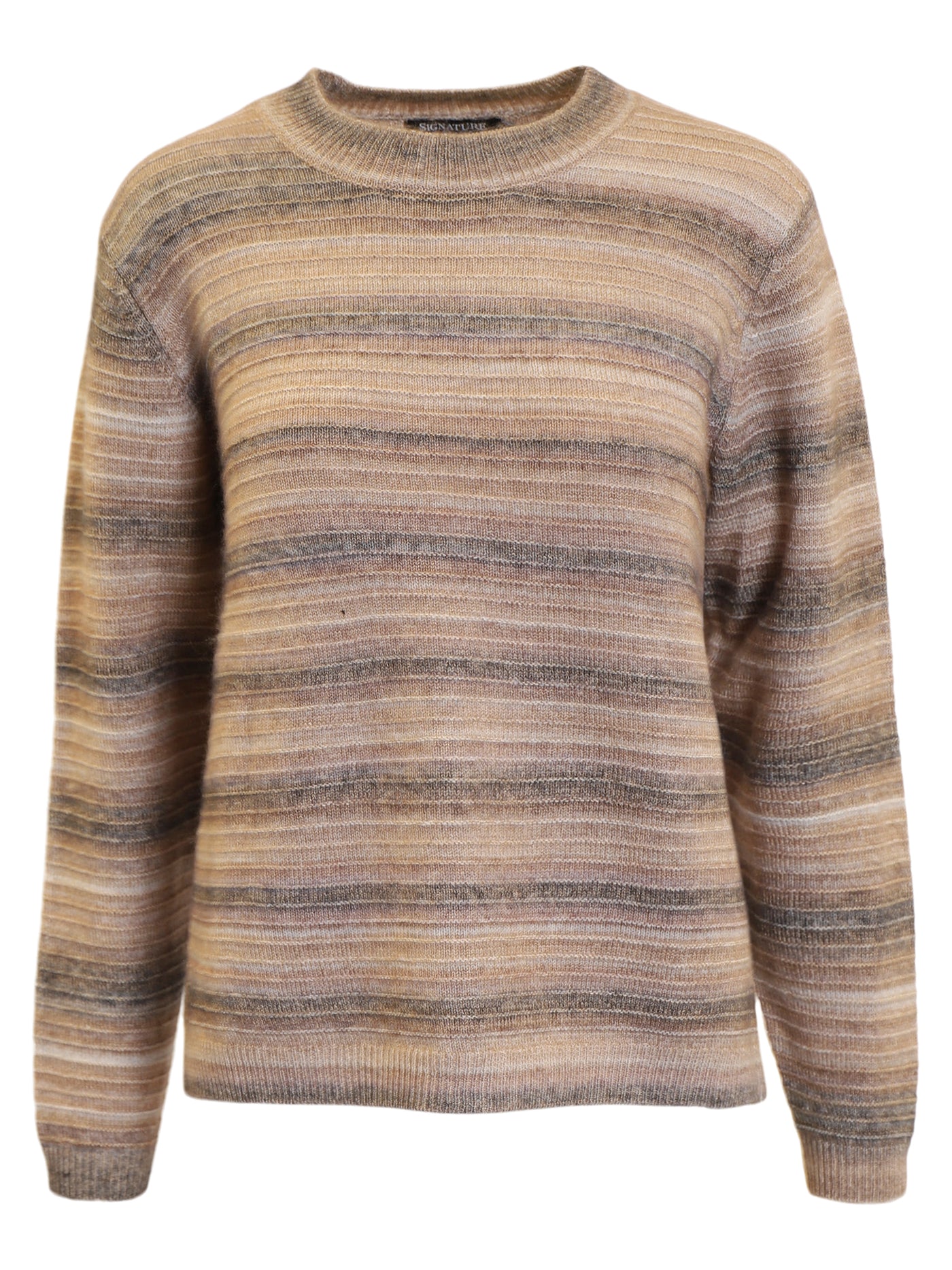 Stripete genser i brun, beige og grå med rund hals og strikket tekstur.
