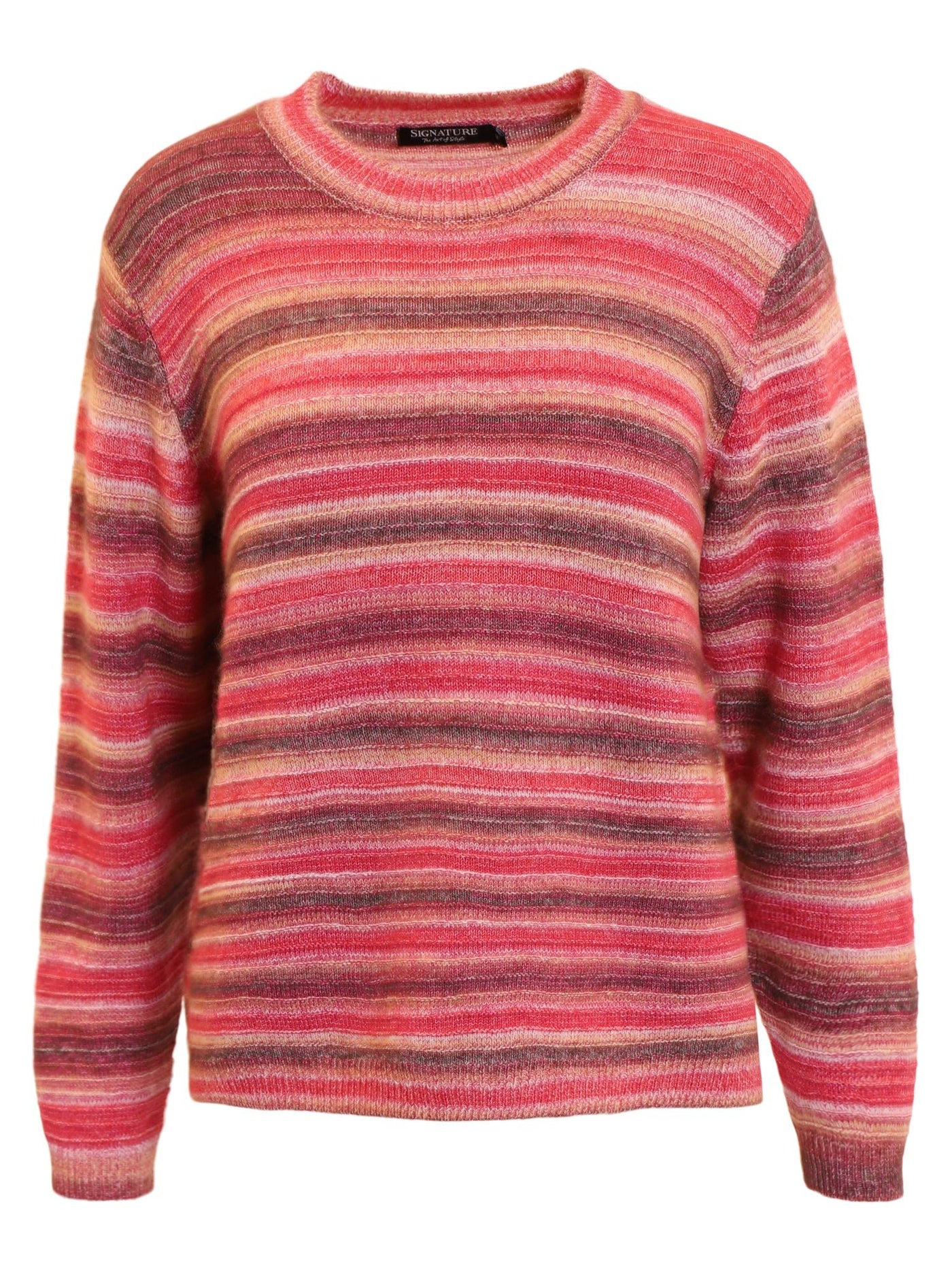 Stripete genser i rød, rosa, brun, beige med rund hals og lange ermer.
