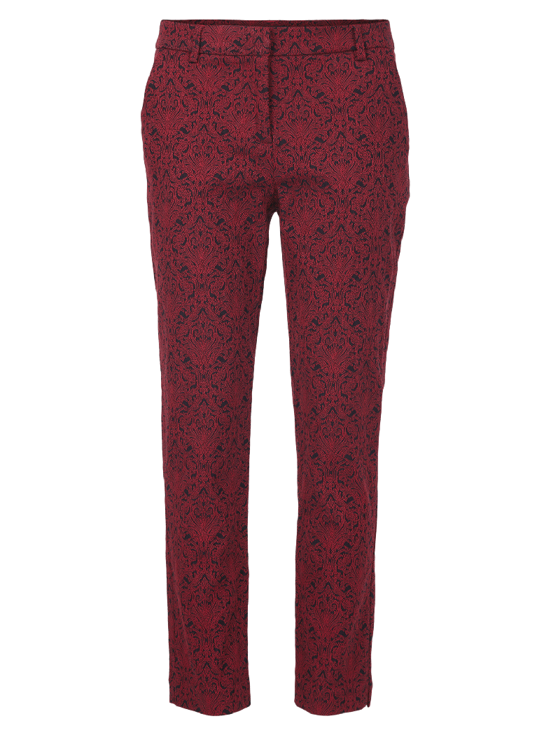 Bukser med mørkt detaljert mønster på lysere bakgrunn, beltehemper synlige.