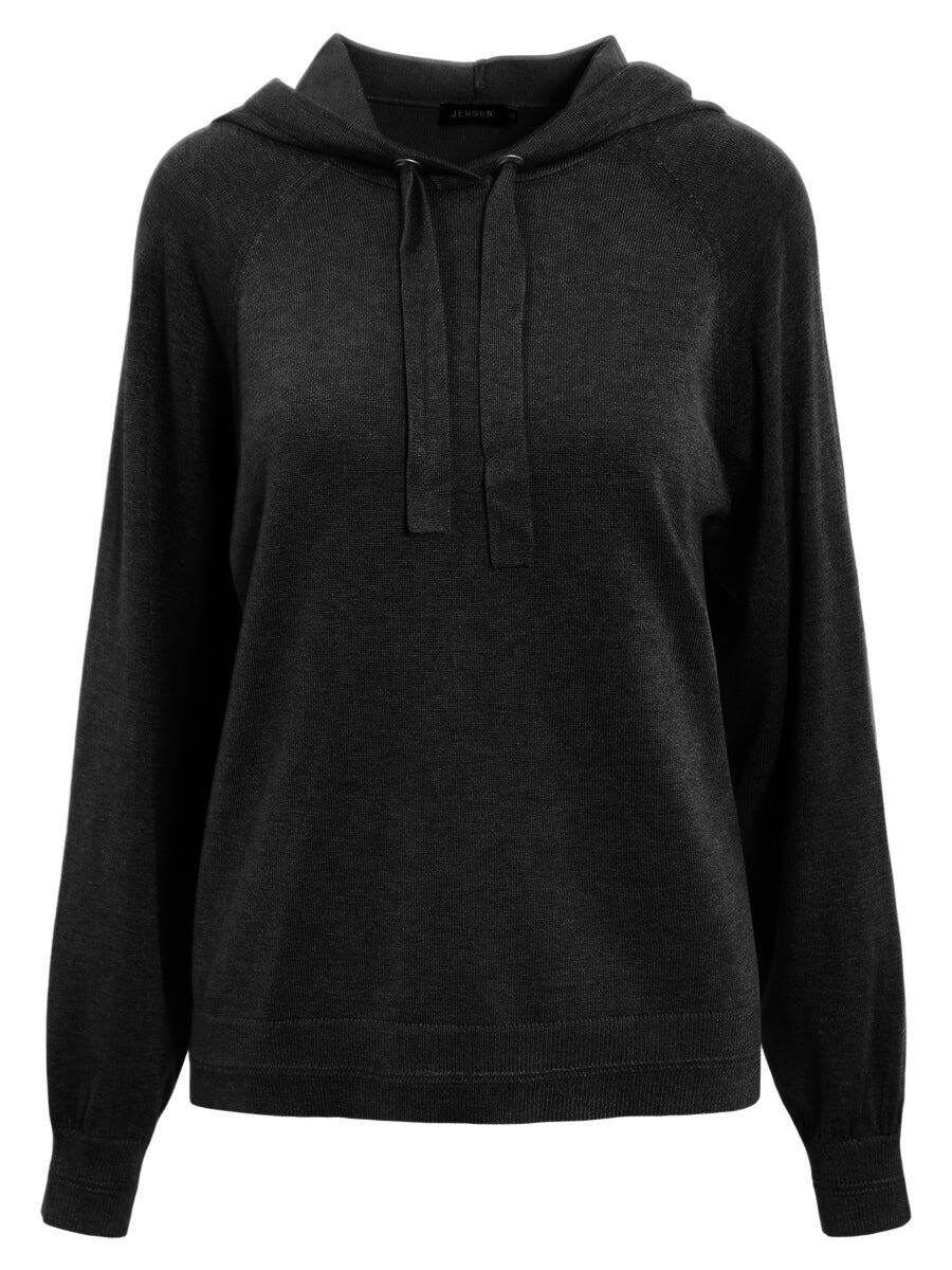 Mørk hettegenser med snøring, lange ermer med ribbestrikkede mansjetter, avslappet passform.