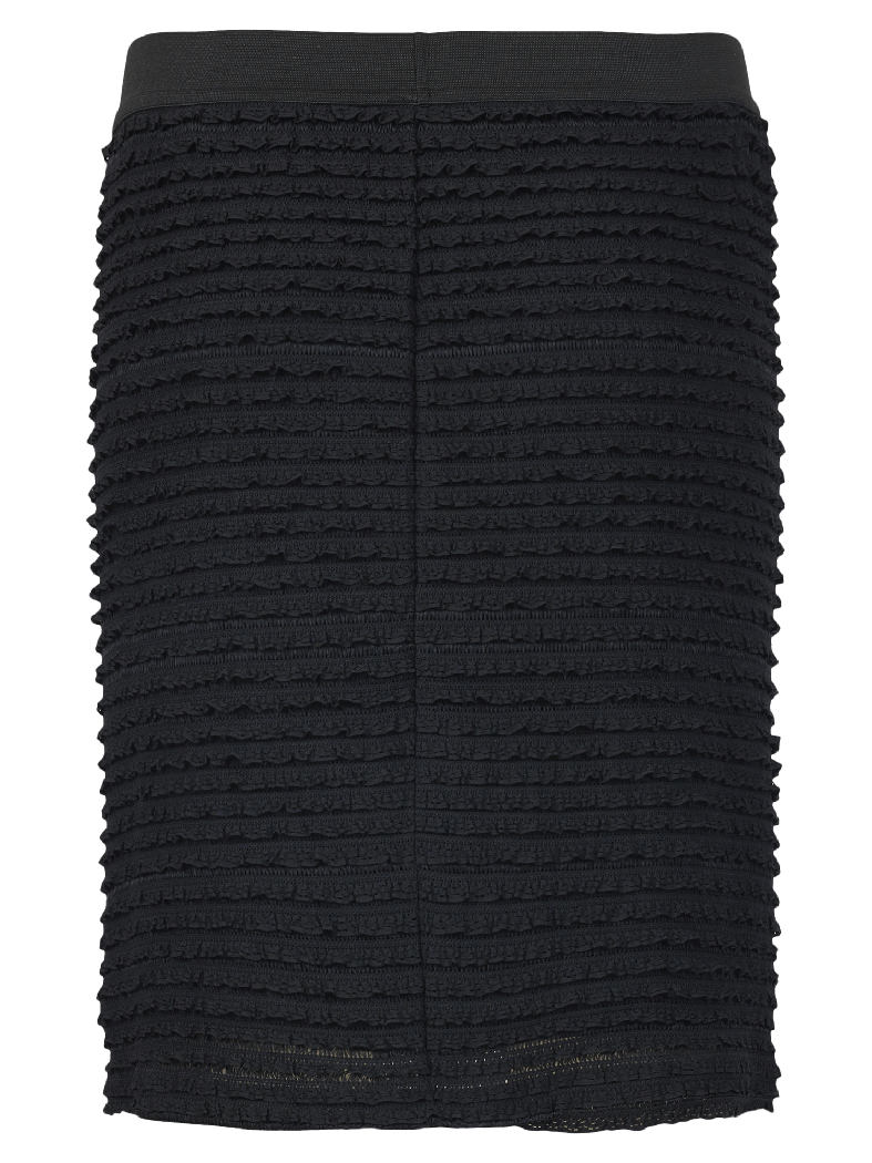 Skjørt med strukturert overflate, horisontale rysjer, rett snitt og vertikal søm bak.