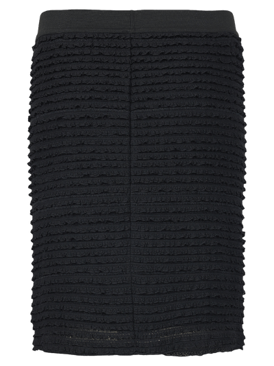 Skjørt med strukturert overflate, horisontale rysjer, rett snitt og vertikal søm bak.