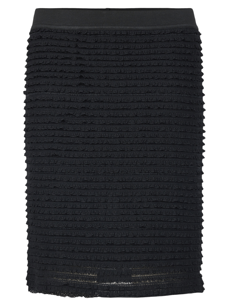 Skjørt med horisontale rysjer, rett snitt, tilpasset midje og vertikal søm bak.