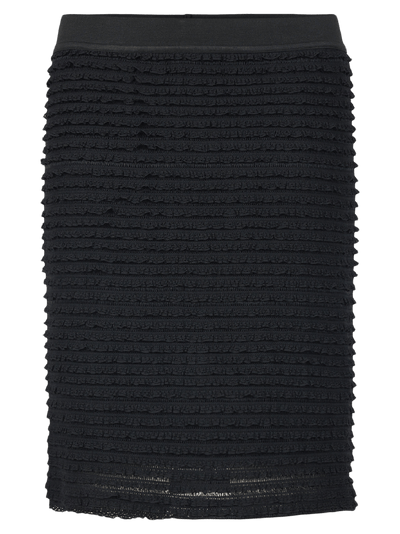 Skjørt med horisontale rysjer, rett snitt, tilpasset midje og vertikal søm bak.