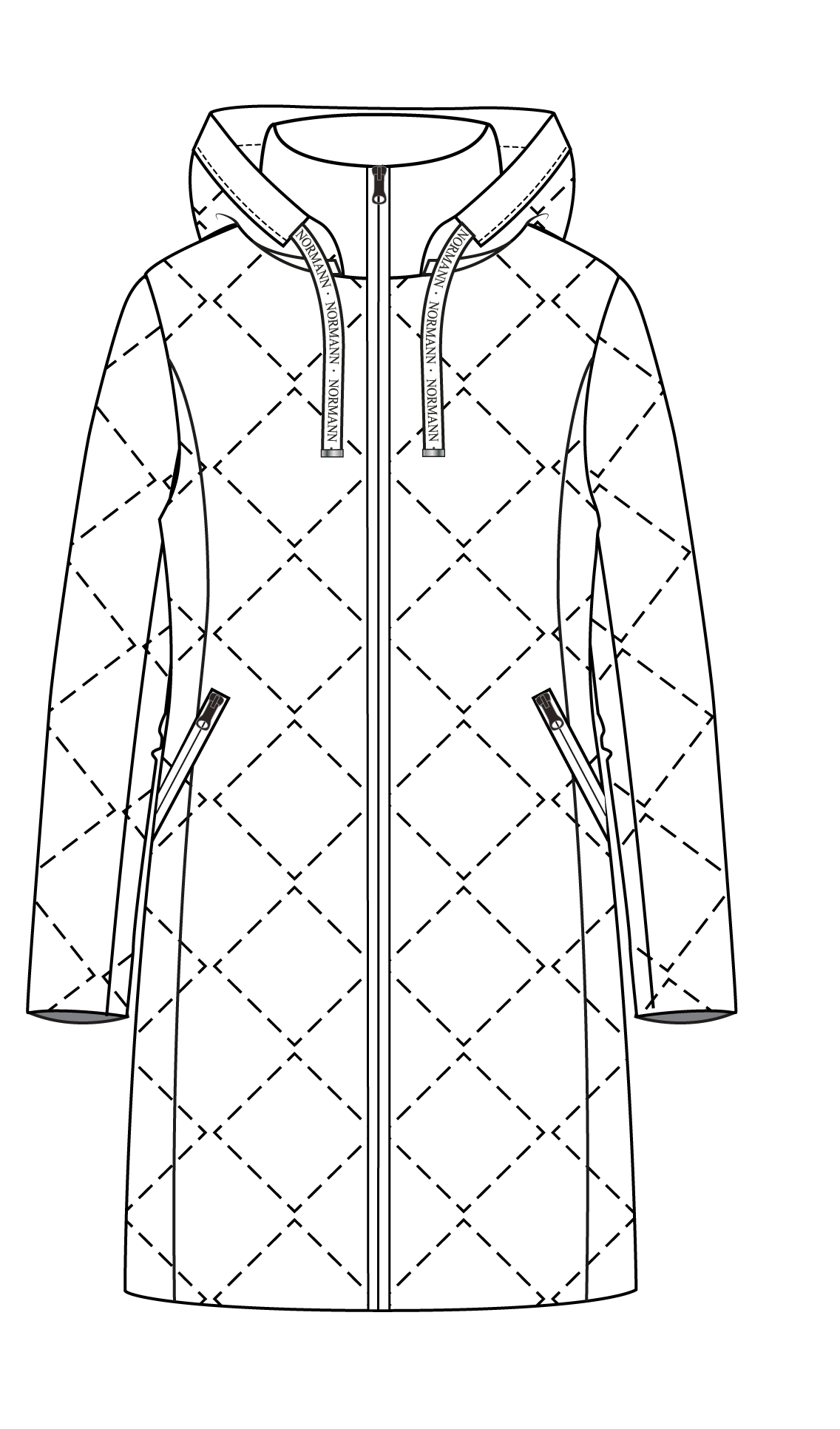 Lang brun dunkåpe med diamantmønster, glidelås foran og sidelommer med glidelås.