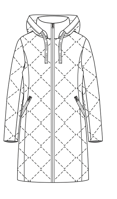 Lang brun dunkåpe med diamantmønster, glidelås foran og sidelommer med glidelås.