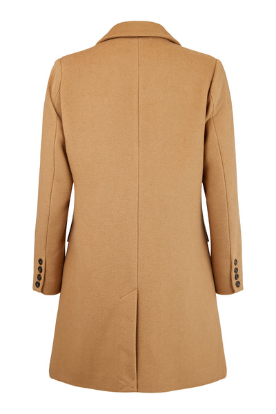 Brun ullkåpe sett bakfra, med klassisk krage og knappedetaljer på ermene.