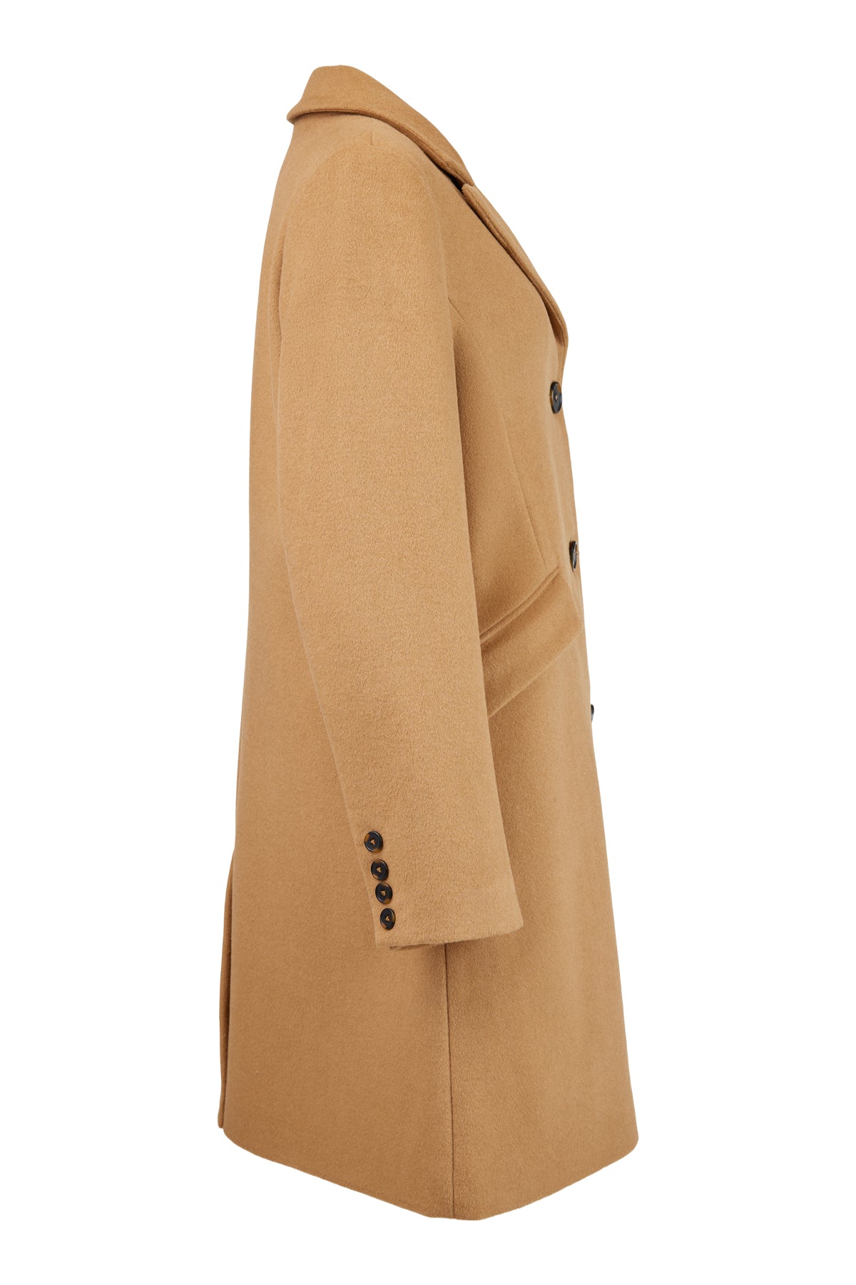 Brun ullkåpe med klassisk krage, tre knapper foran, klaffelommer og ermeknapper.