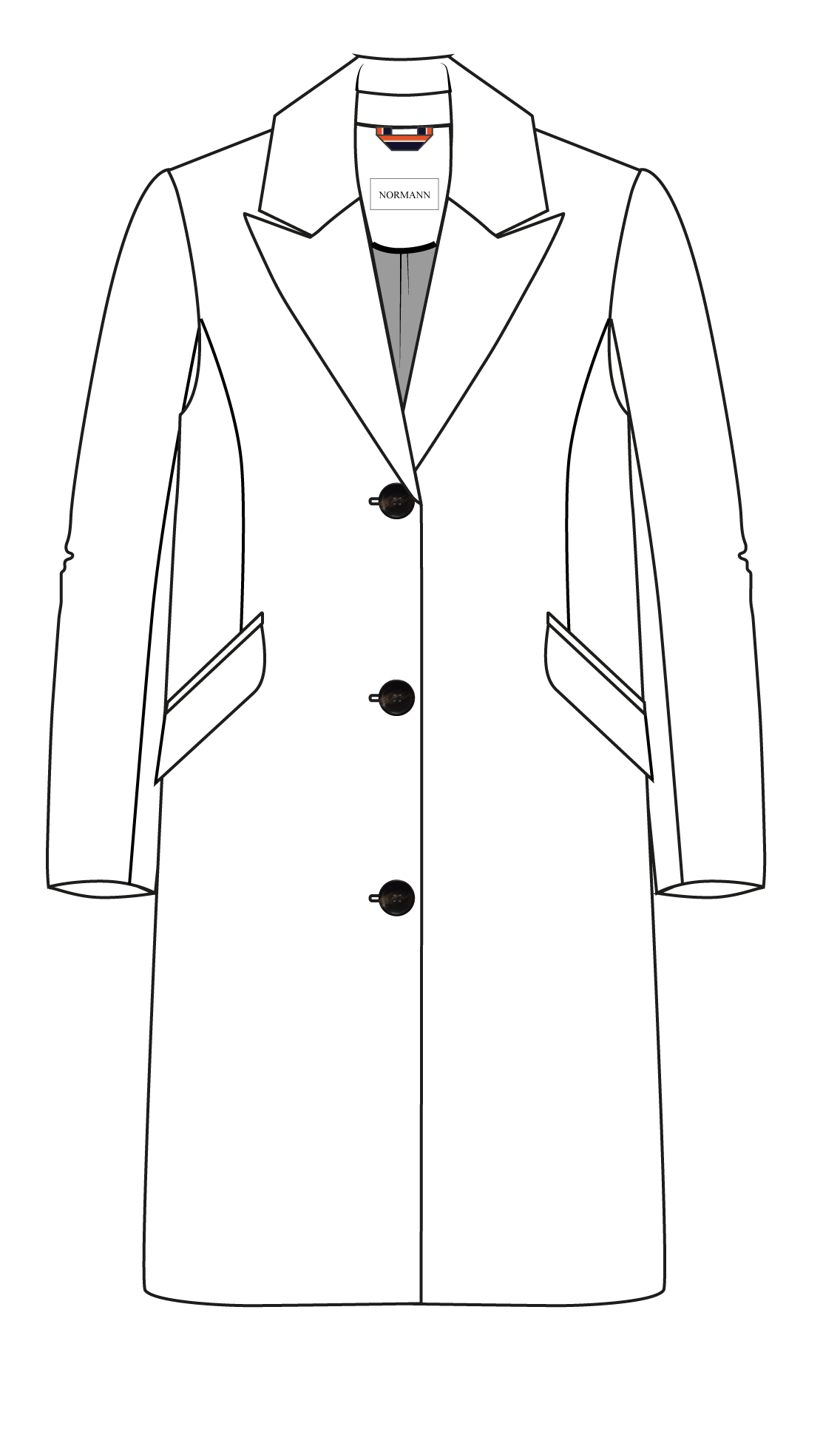 Brun ullkåpe med tre knapper, klaffelommer og klassisk krage.