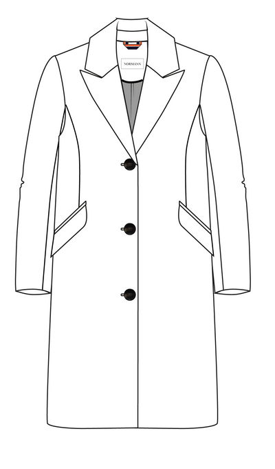 Brun ullkåpe med tre knapper, klaffelommer og klassisk krage.