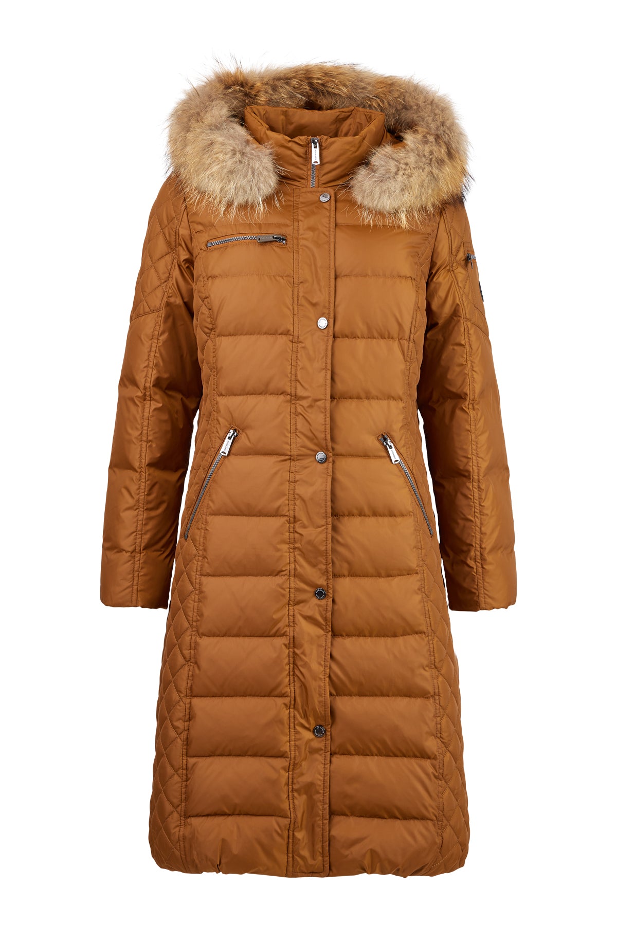 Lang brun dunkåpe med pelskant på hetten, horisontale og diagonale sømmer, glidelåslommer.