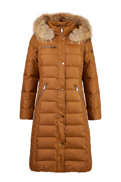 Lang brun dunkåpe med pelskant på hetten, horisontale og diagonale sømmer, glidelåslommer.