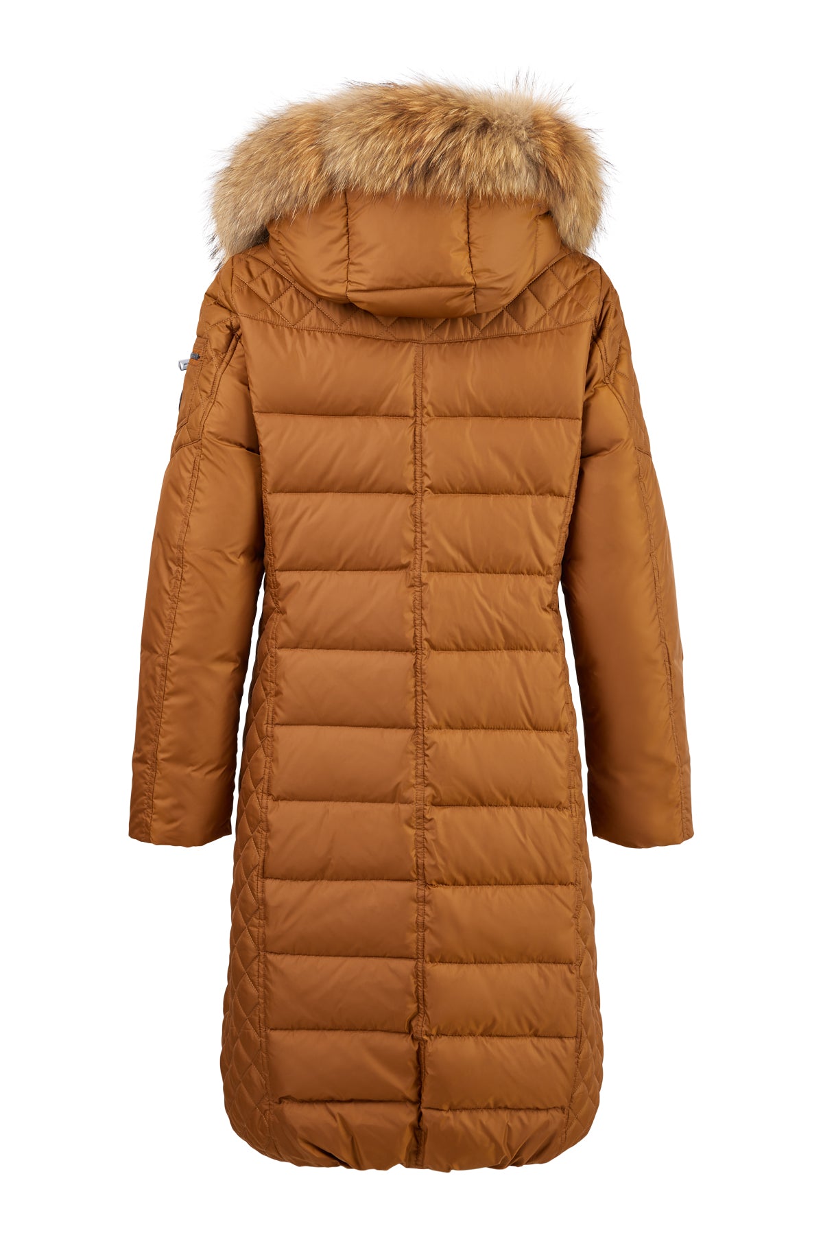 Lang brun dunkåpe med pelskantet hette, horisontale og diagonale sømmer.