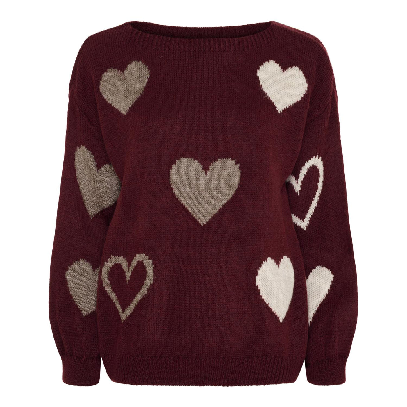 Genser med hjerter i ulike farger på mørk bakgrunn, strikket struktur vises tydelig.