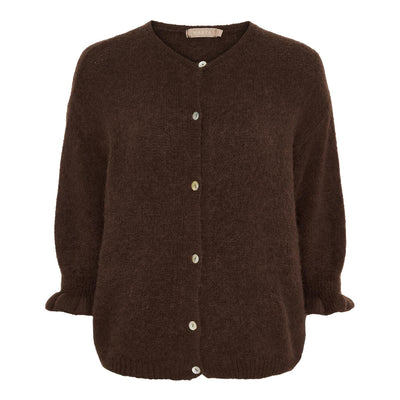 Brun strikket cardigan med rund hals, lange ermer og knappelukking foran.