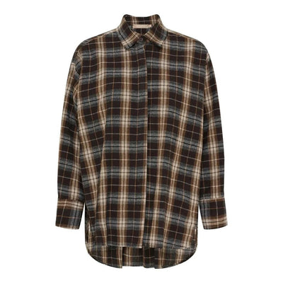 Rutete skjorte i brune, beige og gråtoner med klassisk krage og lange ermer med knapper.