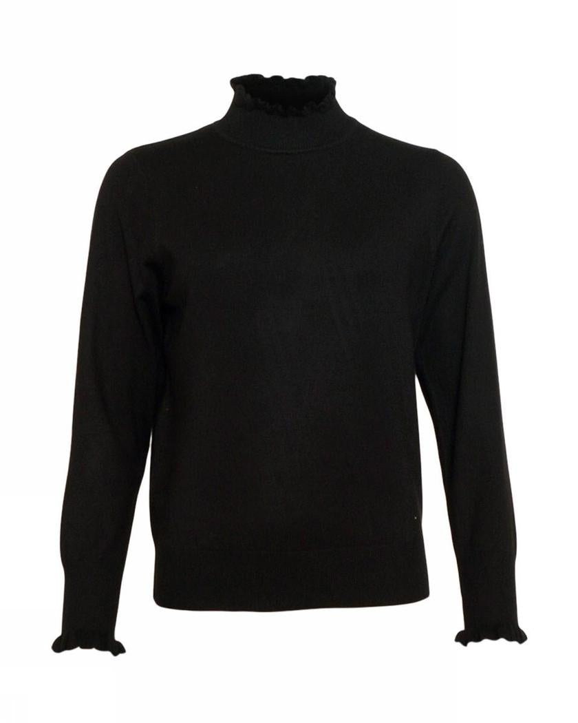 Svart jumper med høy hals, rynkede detaljer ved hals og mansjetter. Langermet og tettsittende passform.