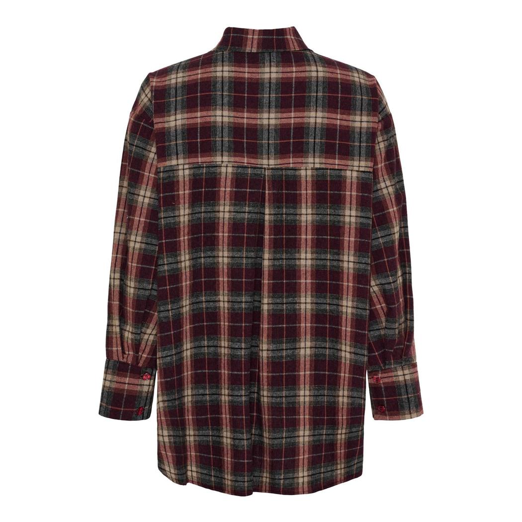 Skjorte med rutemønster i burgunder, grått og beige, klassisk krage og knappelukking.