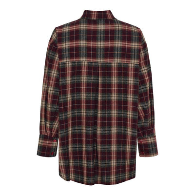 Skjorte med rutemønster i burgunder, grått og beige, klassisk krage og knappelukking.