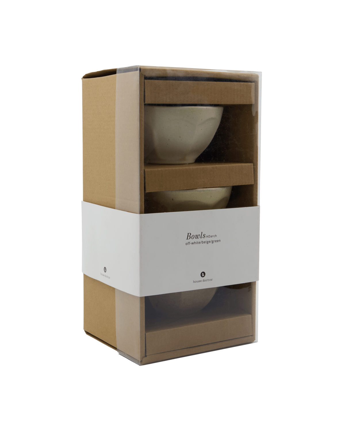 Tre skåler i off-white, beige og grønn med mønster, pakket i papp og plast.