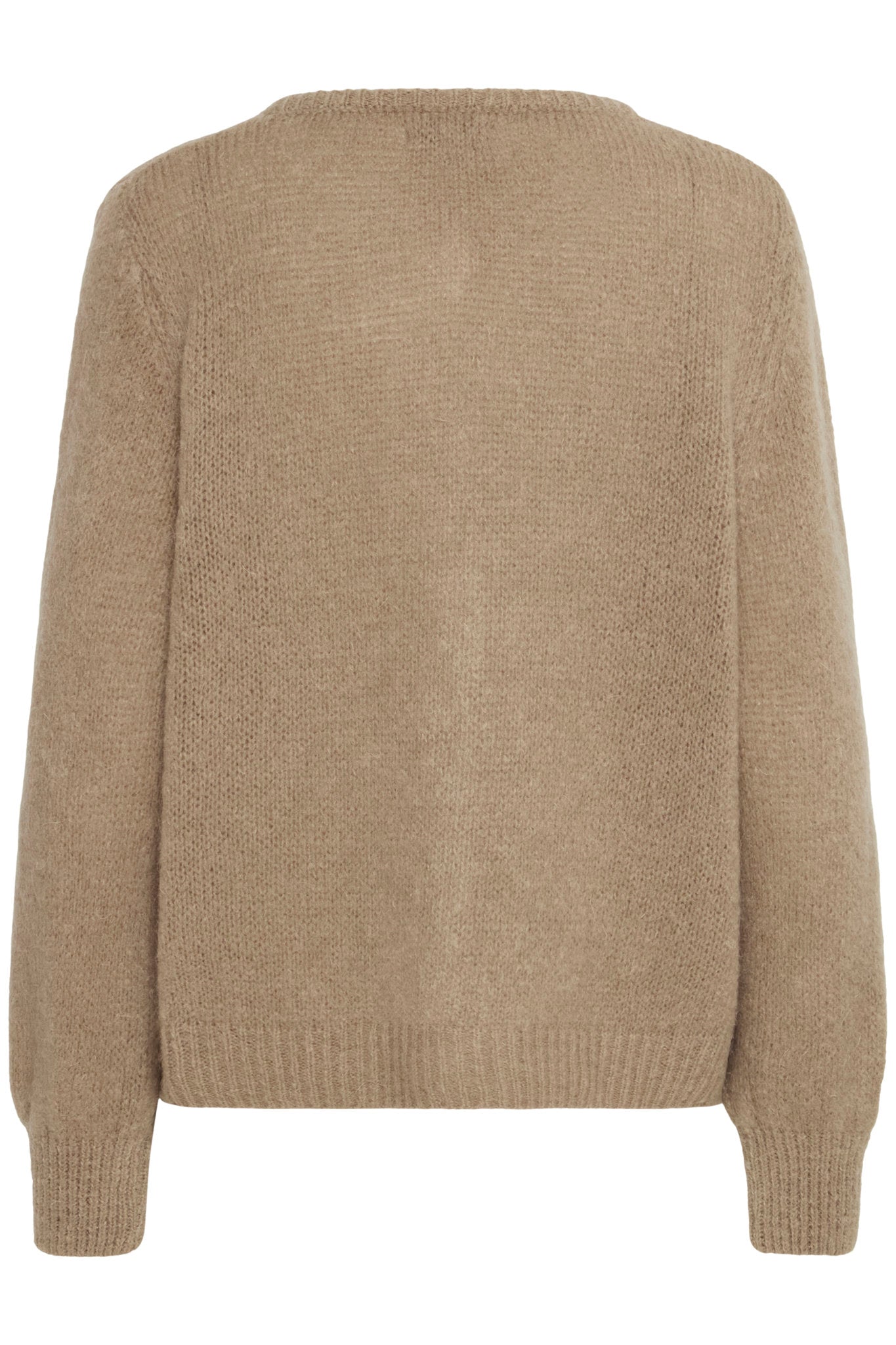 Baksiden av beige Sbgulvig strikket cardigan med ribbestrikkede mansjetter og kant nederst.
