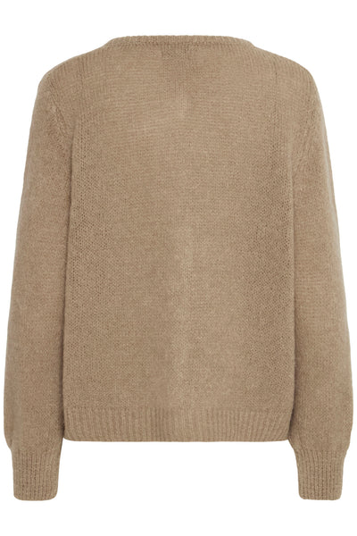 Baksiden av beige Sbgulvig strikket cardigan med ribbestrikkede mansjetter og kant nederst.