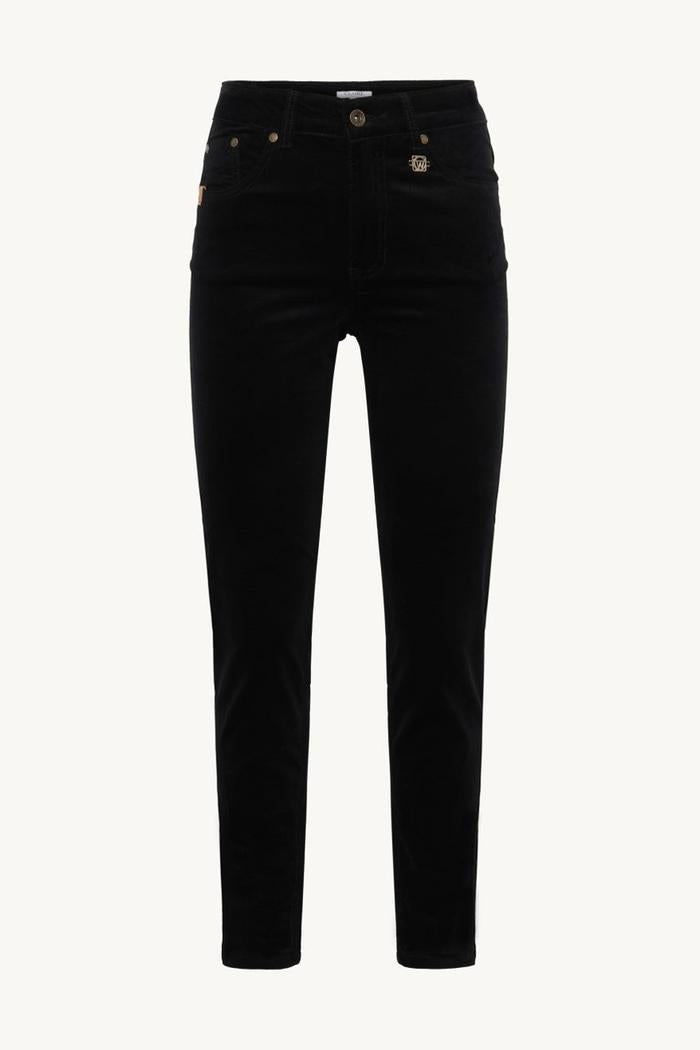 Svarte, tettsittende jeans med synlige lommer foran og bak.