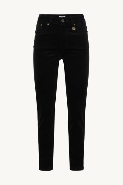 Svarte, tettsittende jeans med synlige lommer foran og bak.