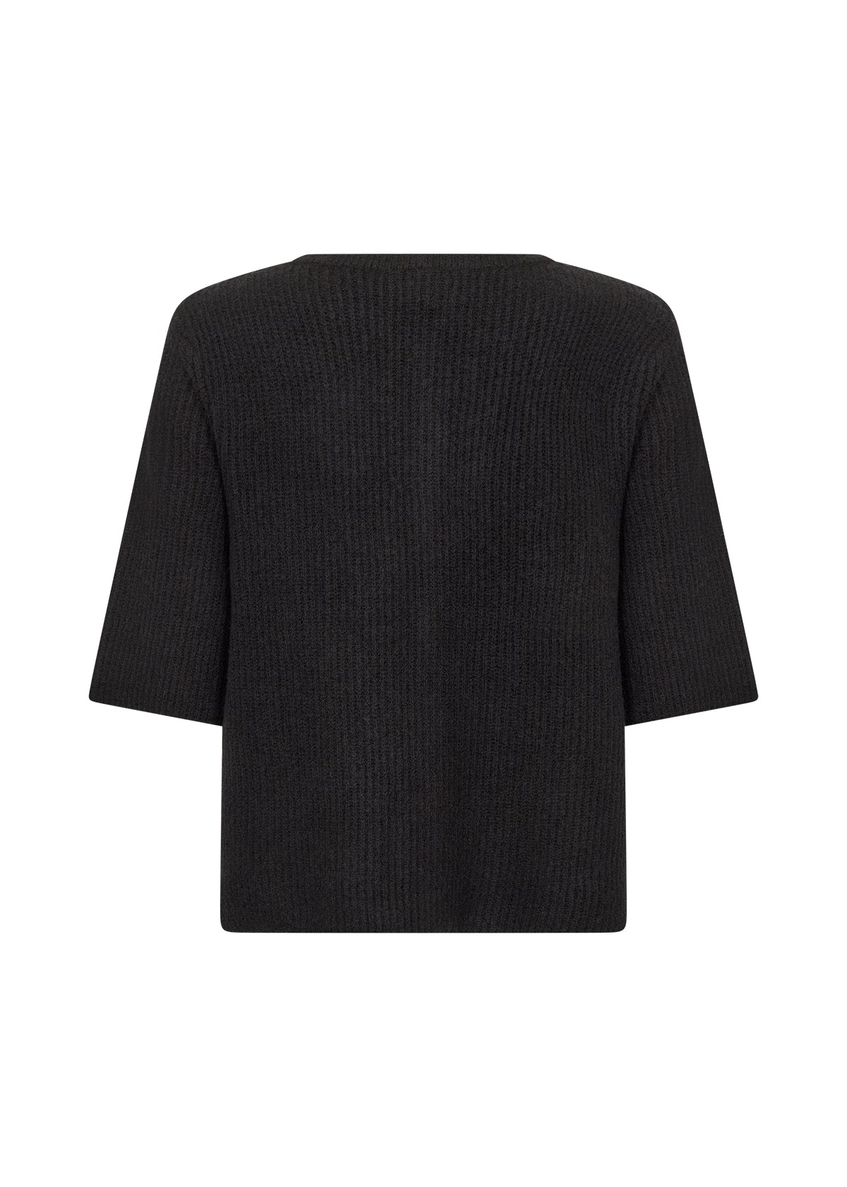 Sort plagg med korte ermer, blomsterformede knapper foran, strikket tekstur.