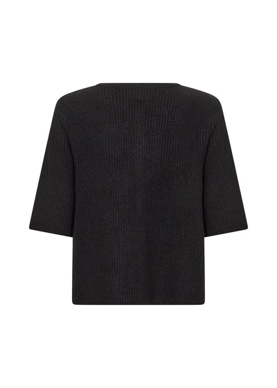 Sort plagg med korte ermer, blomsterformede knapper foran, strikket tekstur.